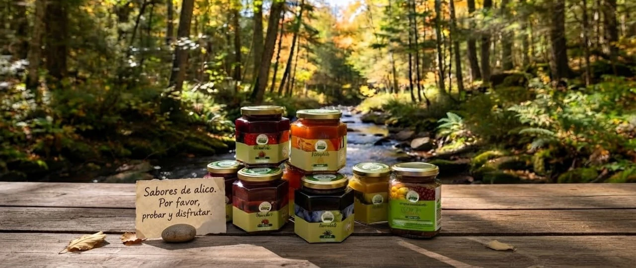 Frascos de Sabores de Alico junto a un cartel de degustación en el bosque