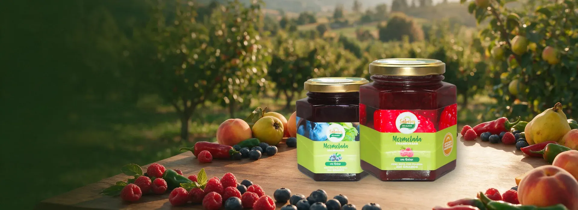 Frascos de mermelada Sabores de Alico en un huerto del sur de Chile